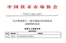 公司董事長(cháng)魏正杰榮獲“中國技術(shù)市場(chǎng)協(xié)會(huì )金橋獎先進(jìn)個(gè)人”